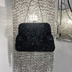 Vintage Sequin & Beaded Bag.  Hand Made in Hong Kong.  Black with Gold Hardware.